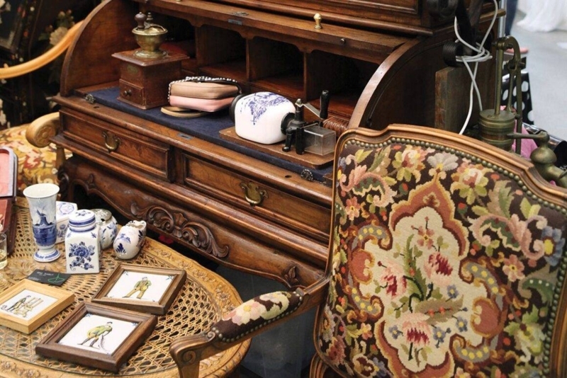 Carved Wood Roll Top Desk & Floral Tapestry Accent Chair