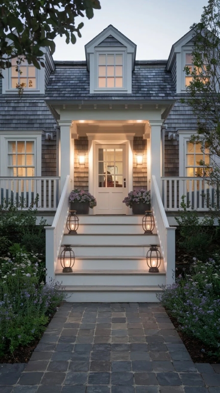 Cedar Shake Siding Exterior with Lantern Lined Stairs