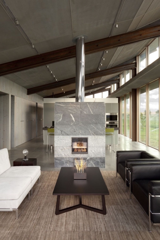 Central Fireplace Exposed Steel Beams Glass Walls Industrial Style