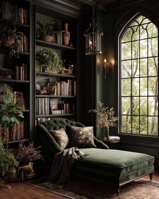 Chaise Lounge Dark Green Velvet near Gothic Arched Window