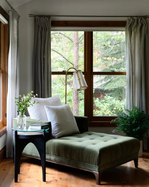 Chaise Lounge Sage Green Velvet, Arched Black Table, Forest View.