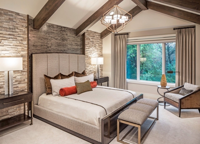 Channel Tufted Bed with Stone Accent Wall Transitional Design