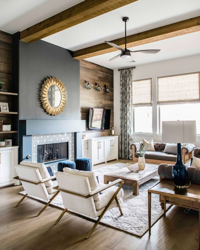 Charcoal Accent Wall in Modern Rustic Living Room with Exposed Wood Beams