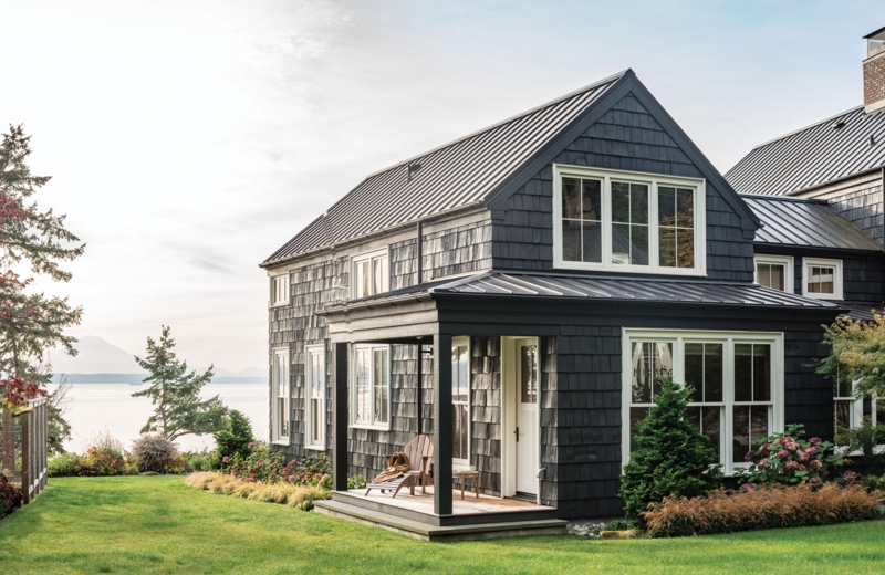 Charcoal Cottage Exterior Design With Black Metal Roof