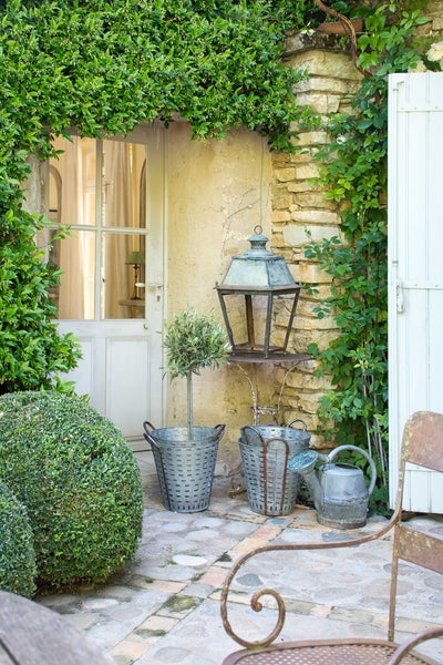 Charming French Courtyard Garden with Weathered Metal Accents and Ivy