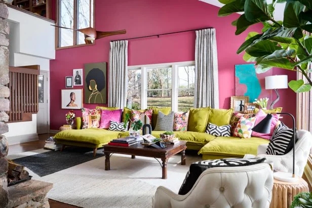 Chartreuse Sectional Sofa Styling Against a Magenta Accent Wall