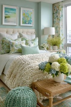 Chunky Knit Throw Bed with Seafoam Green Walls Textured Pouf Decor