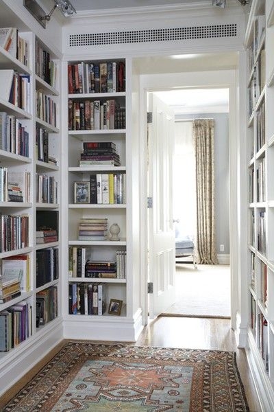 Classic Hallway Library with Crown Molding and Ceiling Spotlights