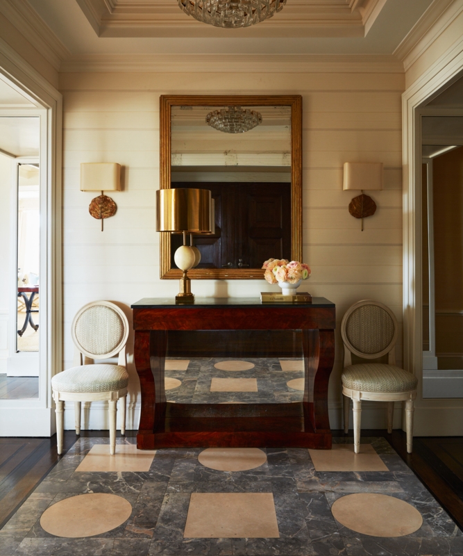Classic Traditional Foyer with Geometric Stone Floor Inlay