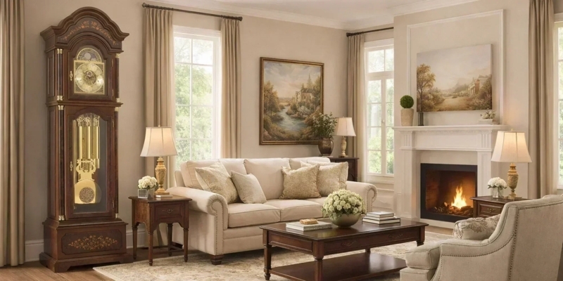 Classic Traditional Grandfather Clock near Fireplace Focal Point