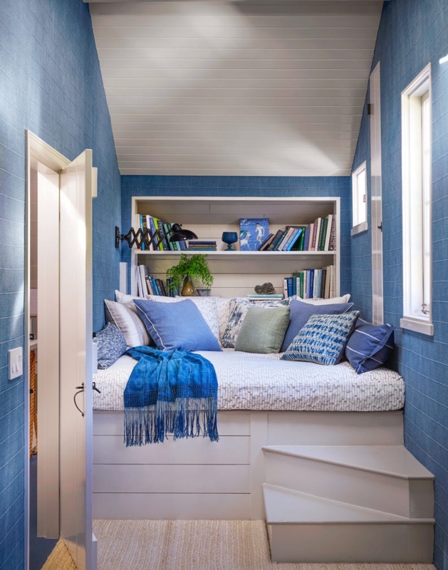 Coastal Attic Reading Nook with Blue Grasscloth Walls and Daybed
