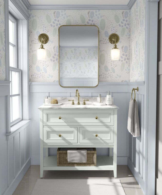 Coastal Blue Bathroom Vanity with Wainscoting and Abstract Floral Wallpaper