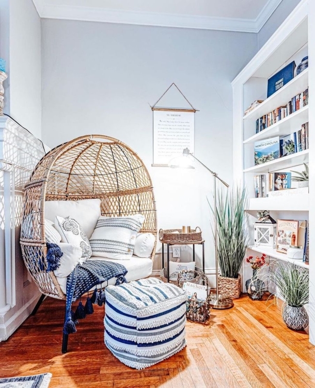Coastal Bohemian Reading Nook: Woven Egg Chair and Striped Pouffe