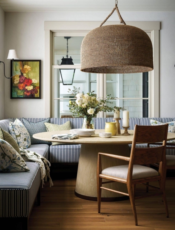Coastal Breakfast Nook with Striped Banquette & Woven Pendant