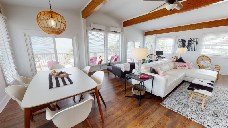 Coastal Bungalow Open Concept: Vaulted Ceiling & Exposed Beams
