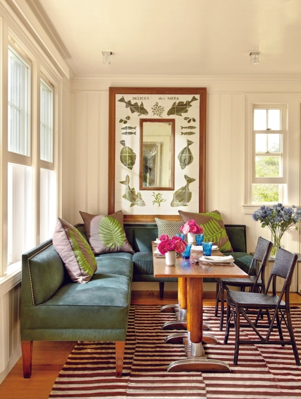 Coastal Chic Dining Nook with Green Velvet Banquette Seating