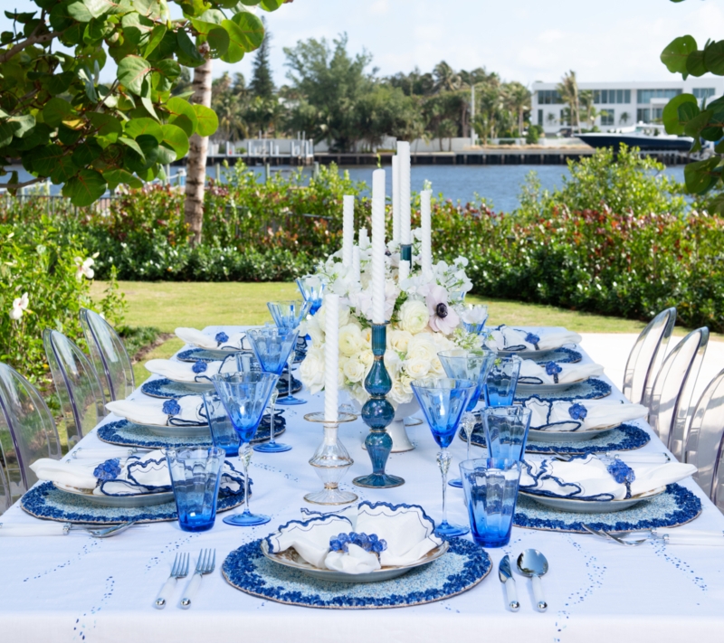 Coastal Chic Tablescape Blue Glassware Transparent Seating