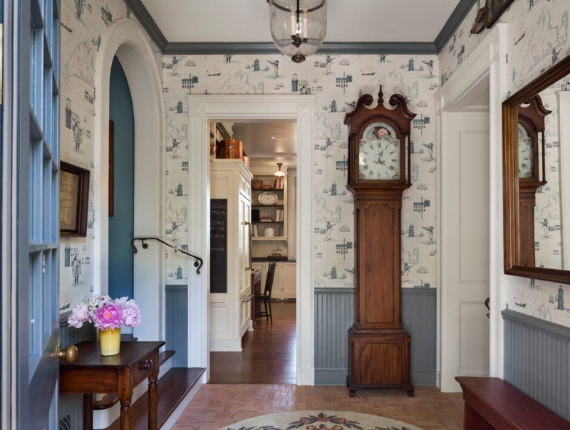 Coastal Colonial Grandfather Clock Entryway with Maritime Wallpaper