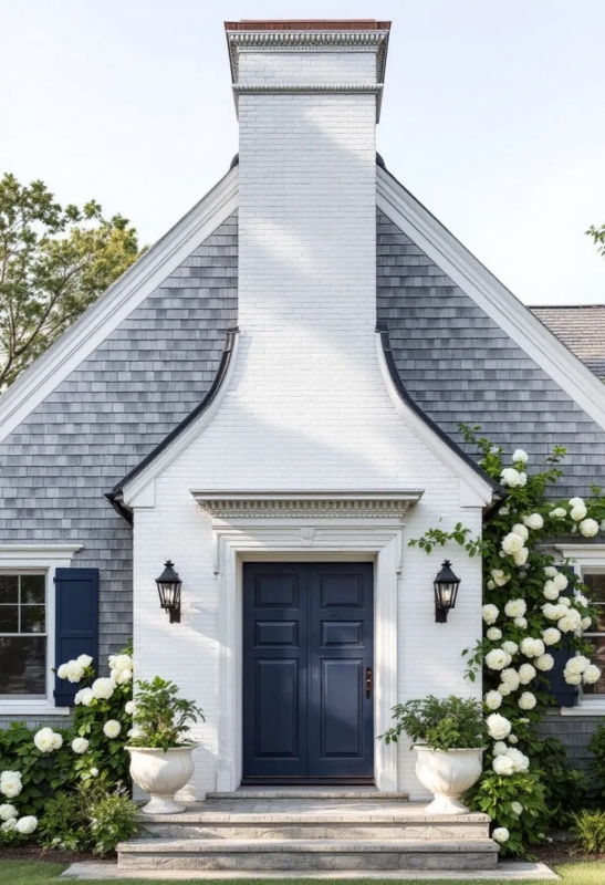 Coastal Cottage Entryway with Flared White Brick Chimney