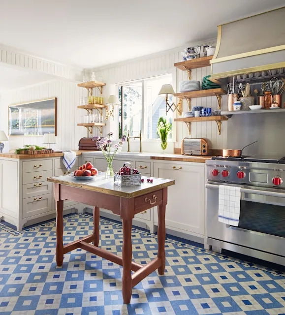 Coastal Cottage Kitchen with Freestanding Work Island and Geometric Tile