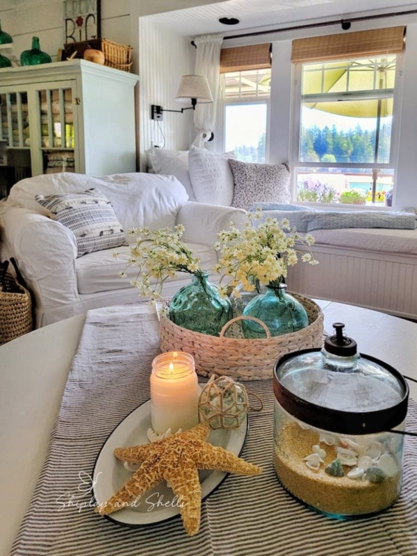Coastal Cottage Living Room Corner with Shiplap Walls and Slipcover