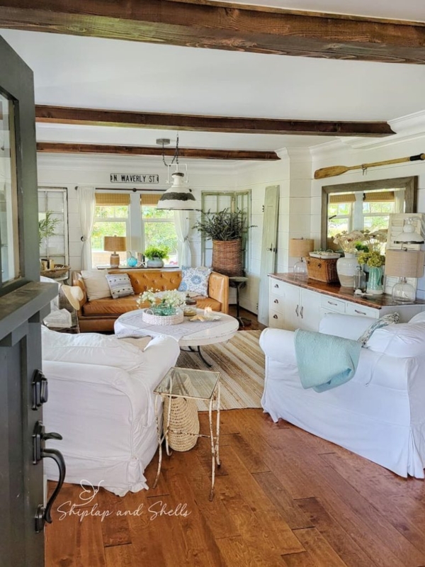 Coastal Cottage Living Room Layout Exposed Ceiling Beams