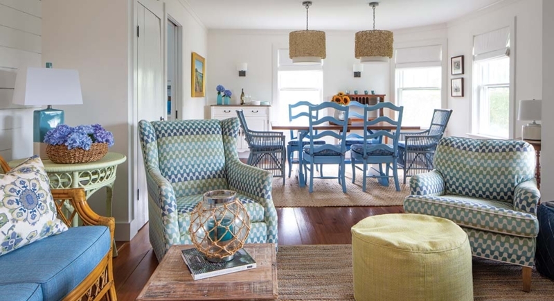 Coastal Cottage Living Room Layout with Wave Patterned Armchairs