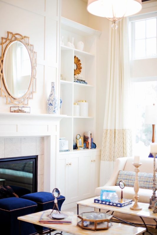 Coastal Cottage Room: Cobalt Blue Ottomans & White Built-In Shelving