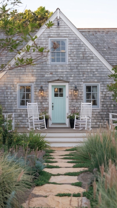 Coastal Cottage Shingle Exterior with Mint Green Front Door