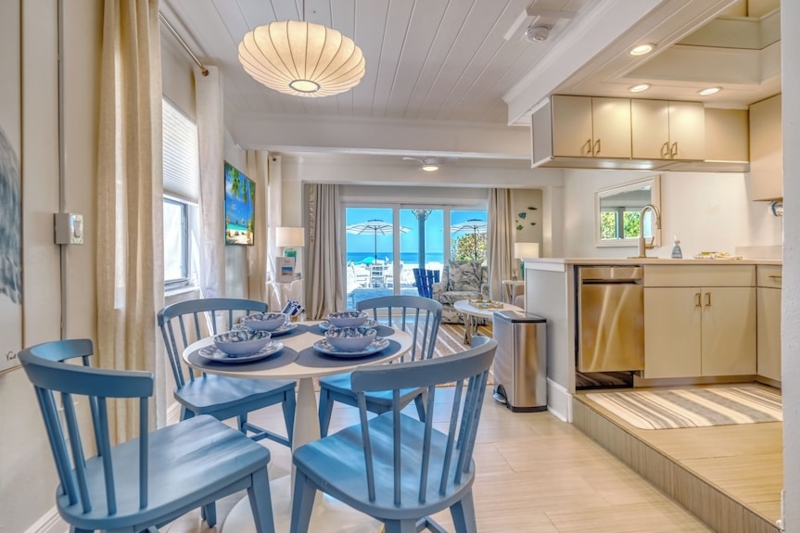 Coastal Dining Room Beach Front View Blue Slatted Chairs
