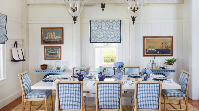 Coastal Dining Room with Blue Checkered Chairs and Glass Lanterns