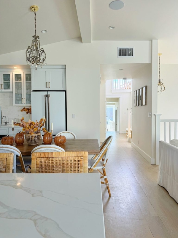 Coastal Dining Room with Woven Rattan Chairs and Wood Table