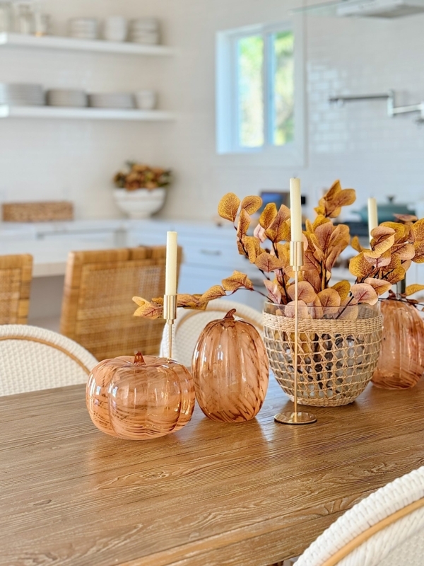 Coastal Dining Tablescape with Amber Glass Pumpkins and Gold Tapers