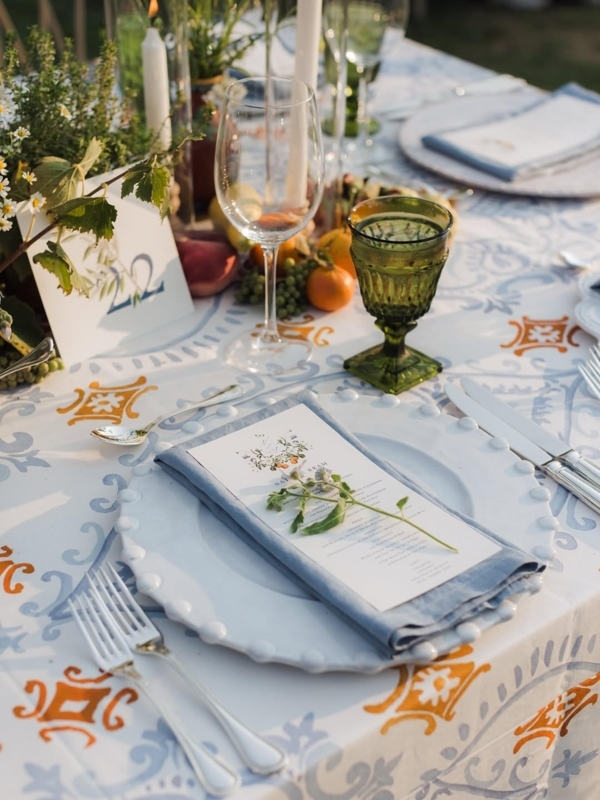 Coastal Dining Tablescape with Tile Patterned Tablecloth