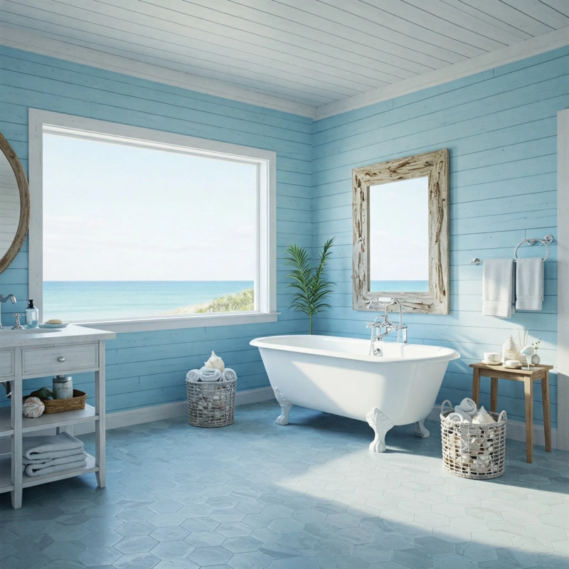 Coastal Farmhouse Bathroom with Clawfoot Bathtub, Ocean View and Driftwood Mirror