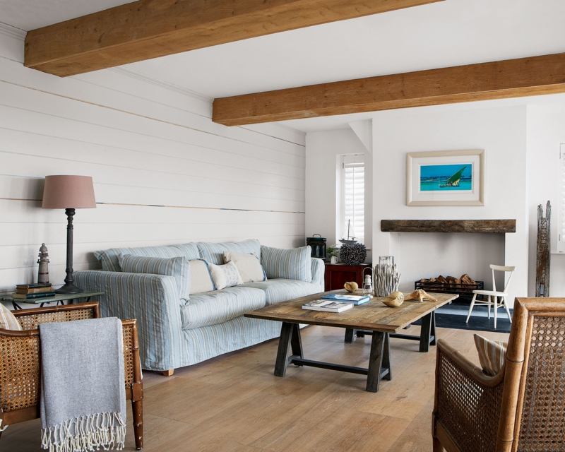 Coastal Farmhouse Living Room Exposed Timber Beams Blue Striped Sofa