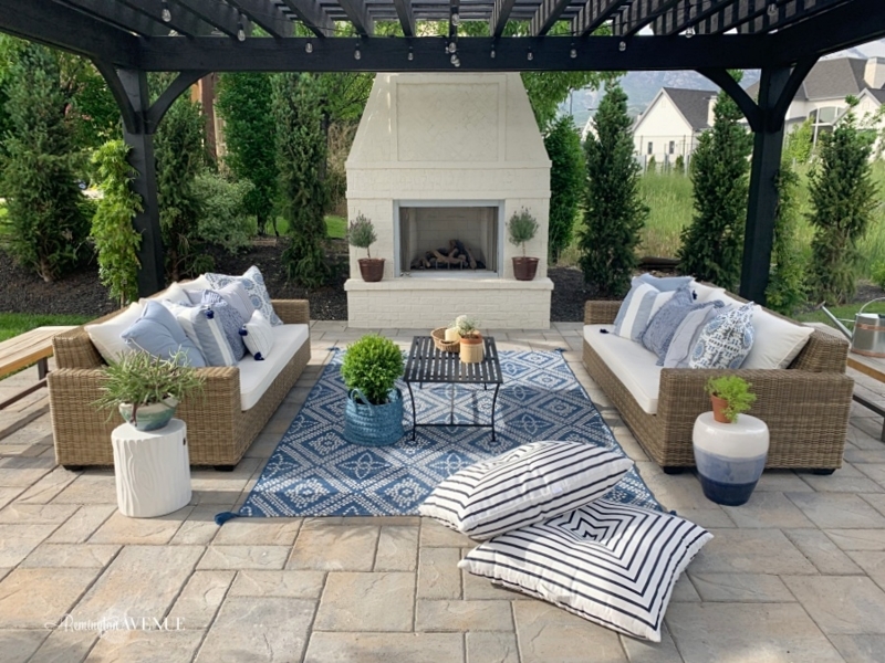 Coastal French Country Outdoor Living Room with Blue and White Scheme