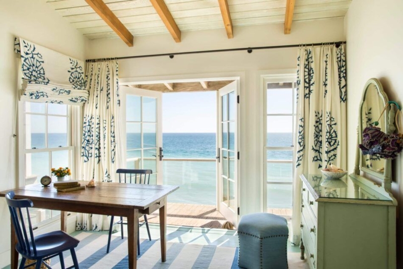 Coastal Home Office: Exposed Beams & Blue Botanical Curtains