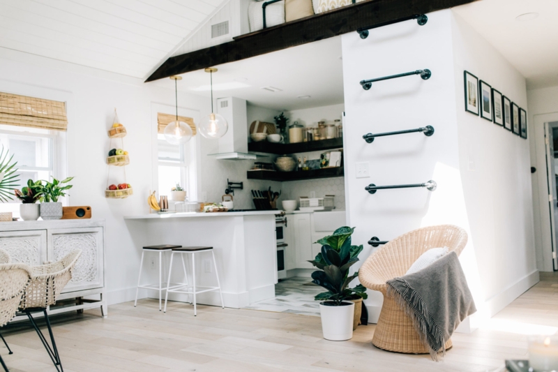 Coastal Kitchen: Industrial Pipe Ladder Loft Access & Rattan