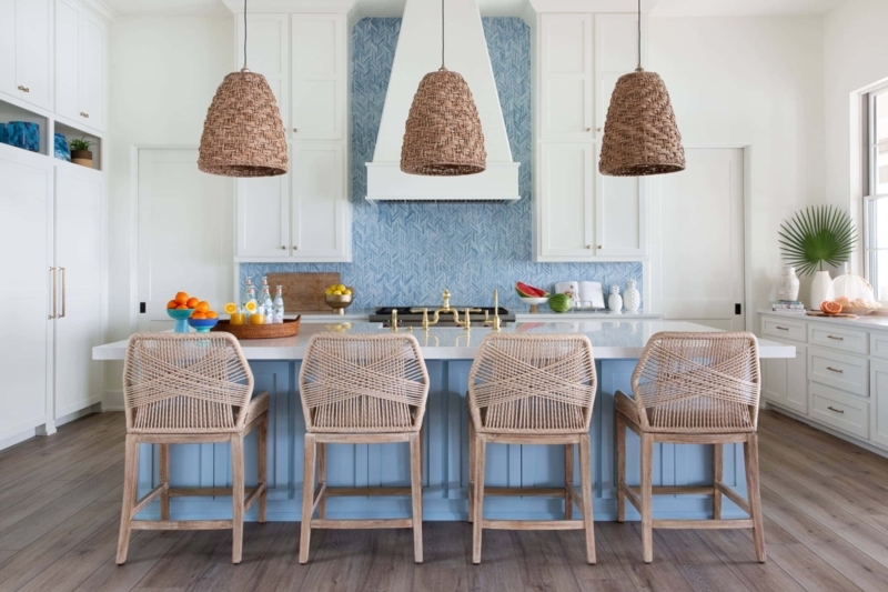 Coastal Kitchen Island, Oversized Woven Pendants, Herringbone Tile