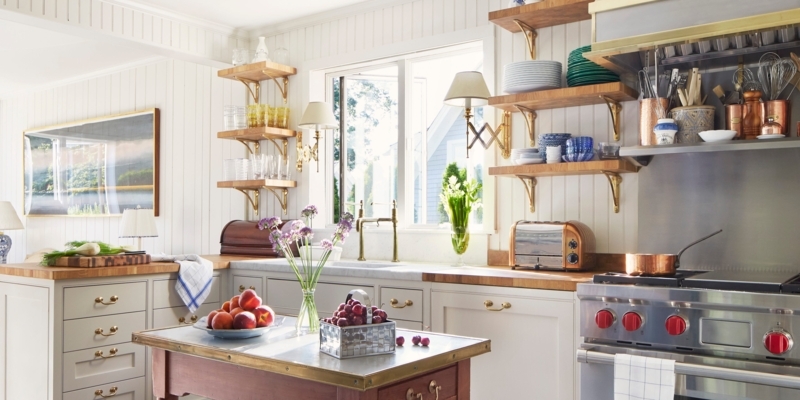 Coastal Kitchen with Open Shelving, Brass Brackets, and Butcher Block