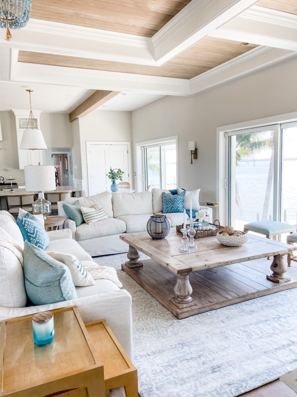 Coastal Living Room Coffered Wood Ceiling Oversized Turned Leg Table