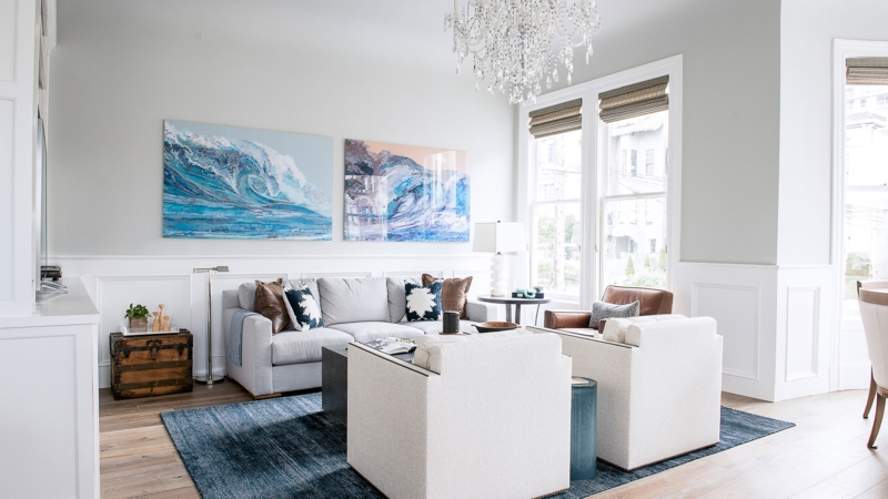 Coastal Living Room Diptych Wave Art & Crystal Chandelier