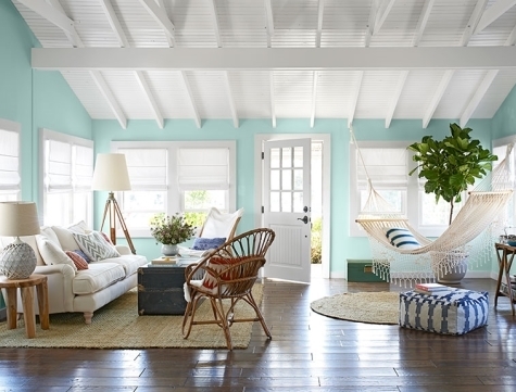 Coastal Living Room featuring Rope Hammock & Vaulted Ceiling
