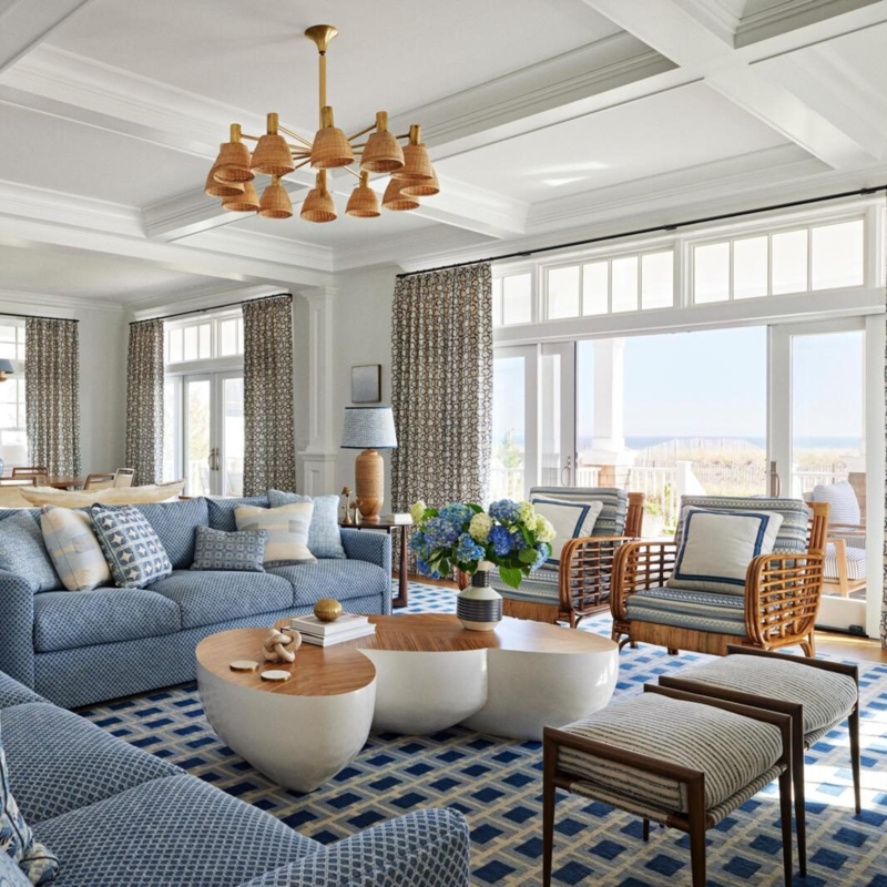 Coastal Living Room Ocean Front View & Rattan Framed Chairs