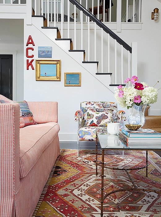 Coastal Living Room Pattern Mixing with Pink Striped Sofa