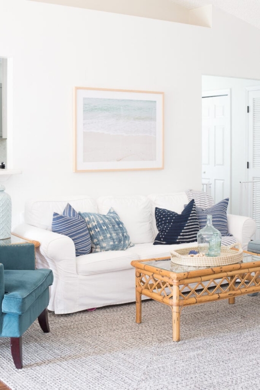 Coastal Living Room Rattan Coffee Table & Beach Wall Art