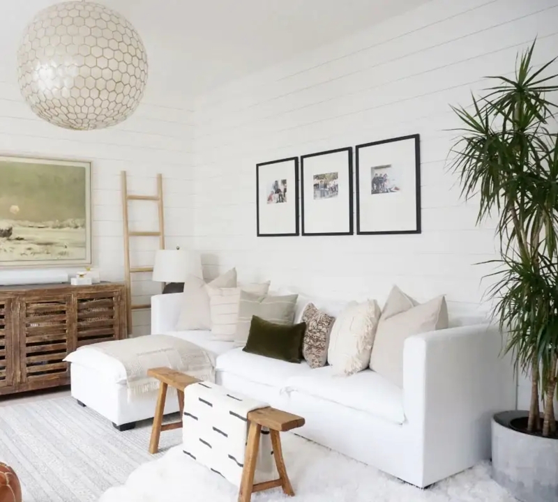 Coastal Living Room Shiplap Walls & Honeycomb Pendant Light