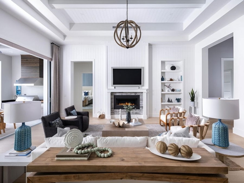 Coastal Living Room Vertical Slat Walls & Wood Orb Pendant