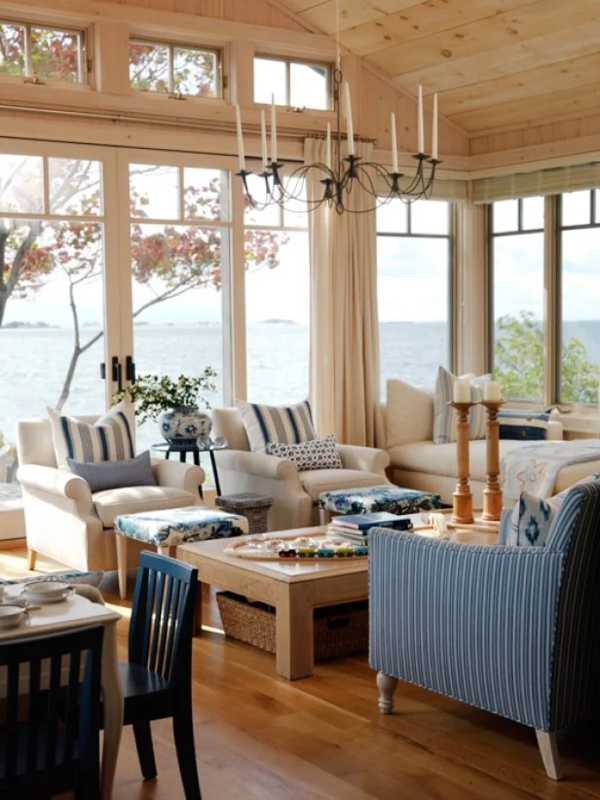 Coastal Living Room Waterfront Window Wall Blue Nautical Stripes